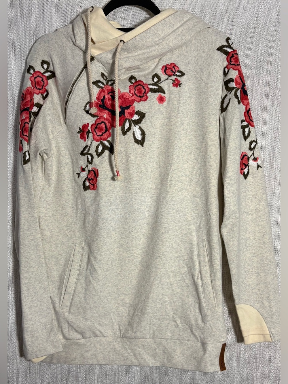 AMPERSAND AVE Light Gray Hoodie Floral Embroidered DoubleHood